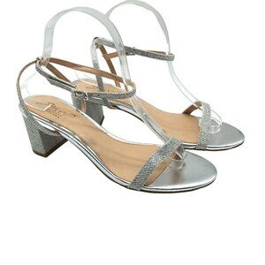 Badgley Mischka Jewel Danni Silver Glitter Block Heel Sandals Size 8